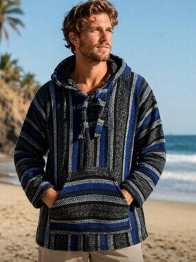 Molina Unisex Beach Hoodie Poncho Size Small Blue Grey Striped Surfer Casual Y2K